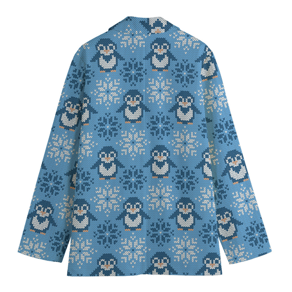Snowy Penguin Knitted Pattern Print Women's Cotton Blazer
