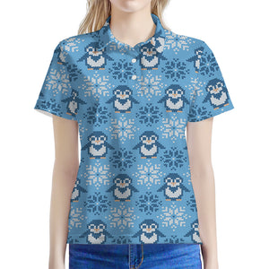 Snowy Penguin Knitted Pattern Print Women's Polo Shirt