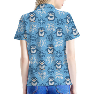 Snowy Penguin Knitted Pattern Print Women's Polo Shirt