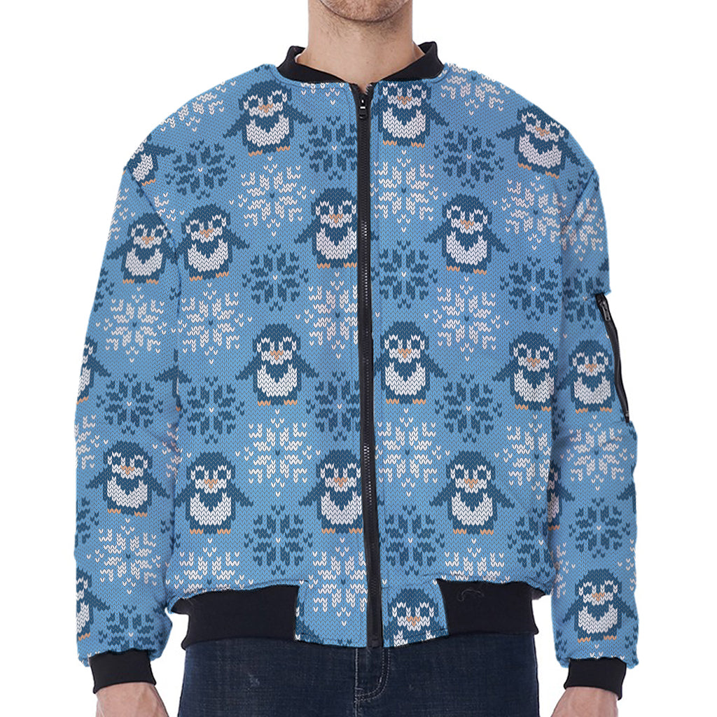 Snowy Penguin Knitted Pattern Print Zip Sleeve Bomber Jacket