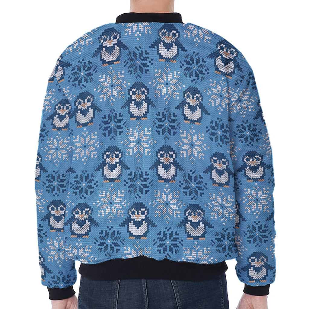 Snowy Penguin Knitted Pattern Print Zip Sleeve Bomber Jacket