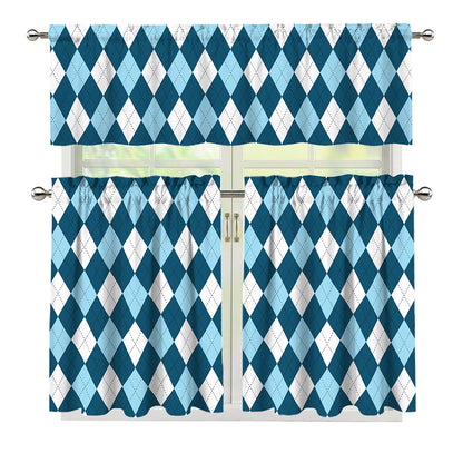 Soft Blue Argyle Pattern Print 3 Piece Kitchen Curtains
