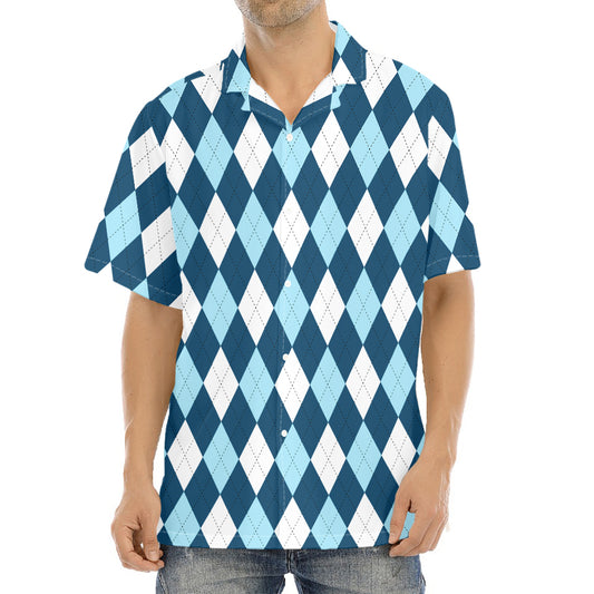 Soft Blue Argyle Pattern Print Aloha Shirt