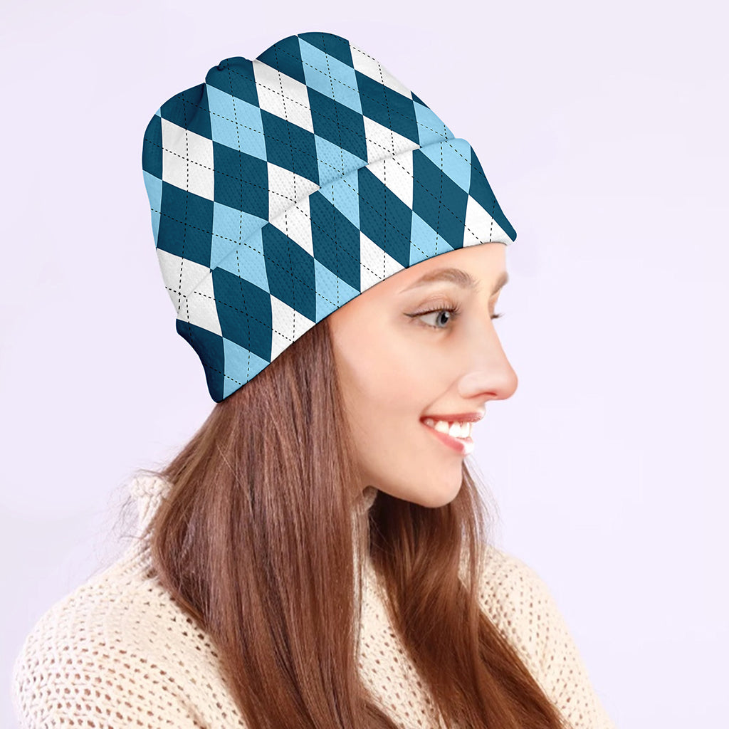Soft Blue Argyle Pattern Print Beanie