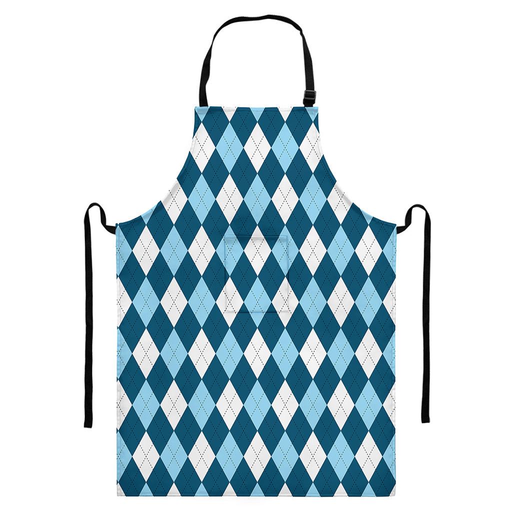Soft Blue Argyle Pattern Print Bib Apron With Pocket