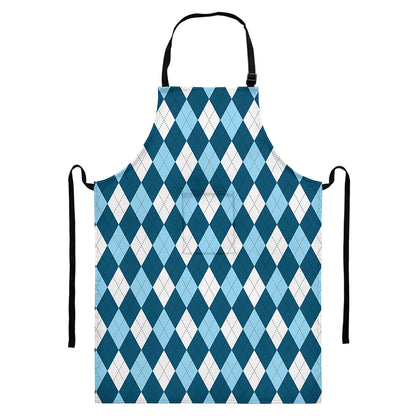 Soft Blue Argyle Pattern Print Bib Apron With Pocket