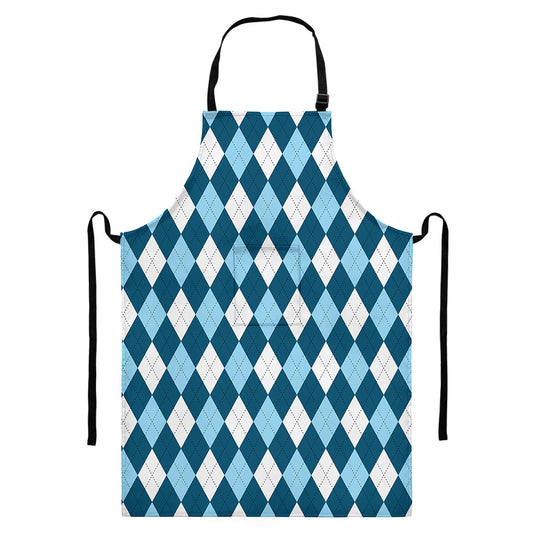 Soft Blue Argyle Pattern Print Bib Apron With Pocket
