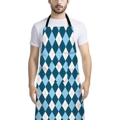 Soft Blue Argyle Pattern Print Bib Apron With Pocket