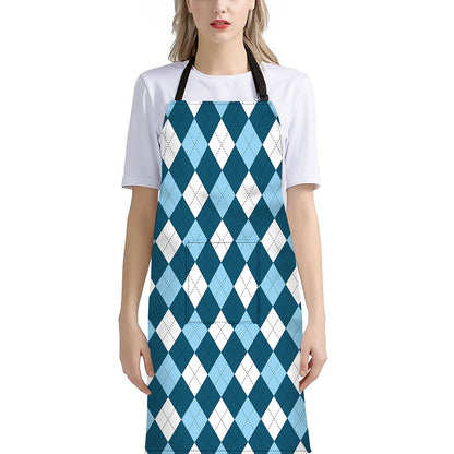 Soft Blue Argyle Pattern Print Bib Apron With Pocket