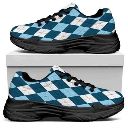 Soft Blue Argyle Pattern Print Black Chunky Shoes