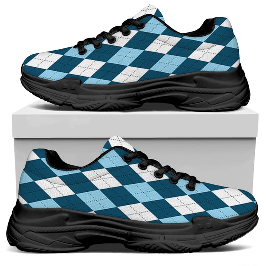 Soft Blue Argyle Pattern Print Black Chunky Shoes