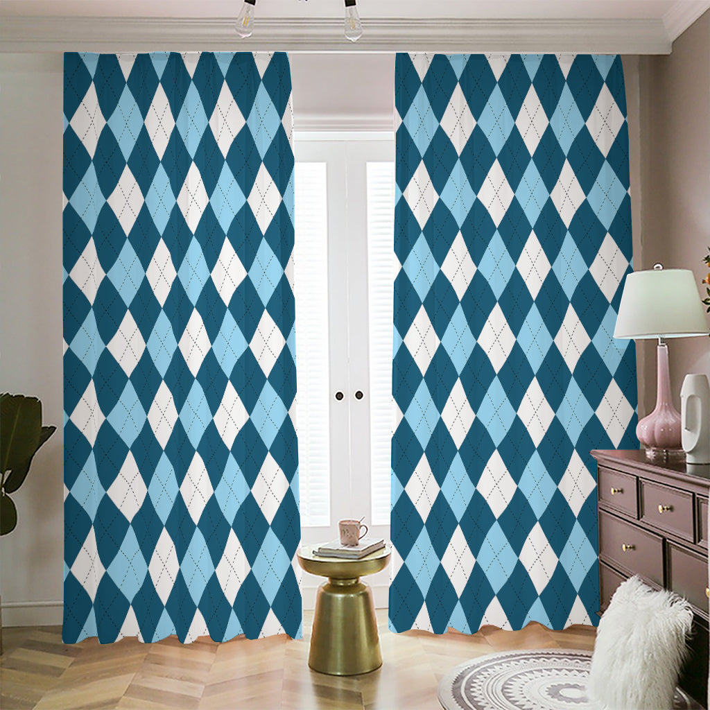 Soft Blue Argyle Pattern Print Blackout Pencil Pleat Curtains