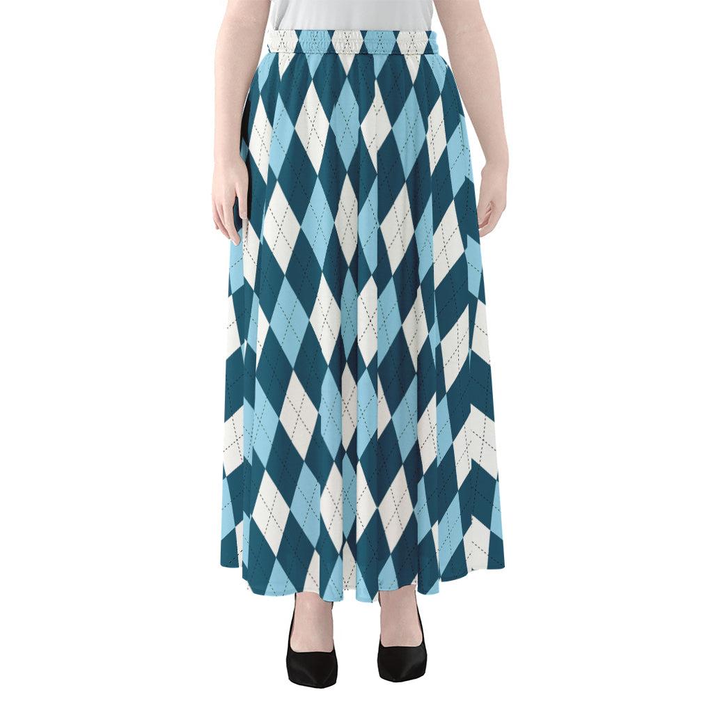 Soft Blue Argyle Pattern Print Chiffon Maxi Skirt