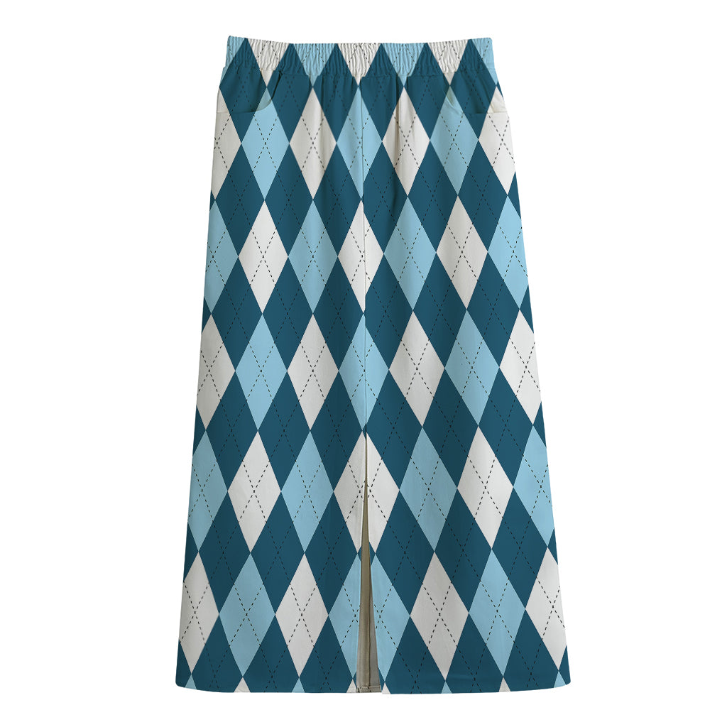 Soft Blue Argyle Pattern Print Cotton Front Slit Maxi Skirt