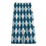 Soft Blue Argyle Pattern Print Cotton Front Slit Maxi Skirt