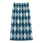 Soft Blue Argyle Pattern Print Cotton Front Slit Maxi Skirt