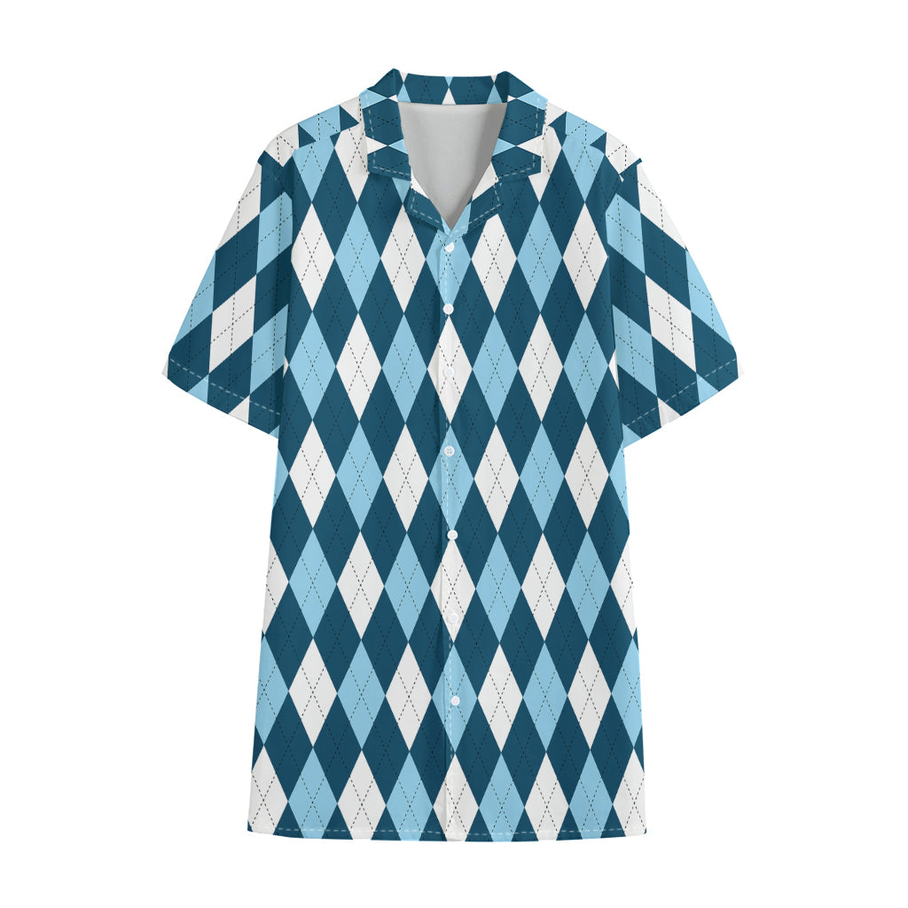 Soft Blue Argyle Pattern Print Cotton Hawaiian Shirt