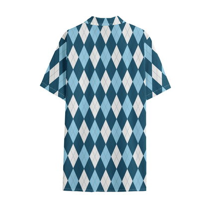 Soft Blue Argyle Pattern Print Cotton Hawaiian Shirt