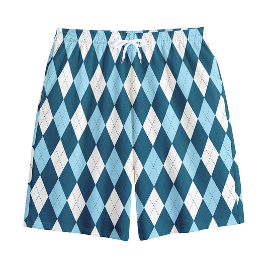 Soft Blue Argyle Pattern Print Cotton Shorts