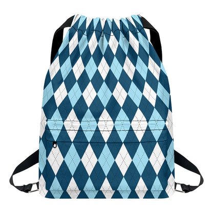 Soft Blue Argyle Pattern Print Drawstring Backpack
