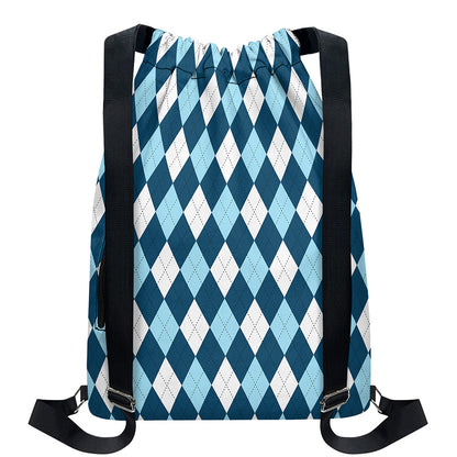 Soft Blue Argyle Pattern Print Drawstring Backpack