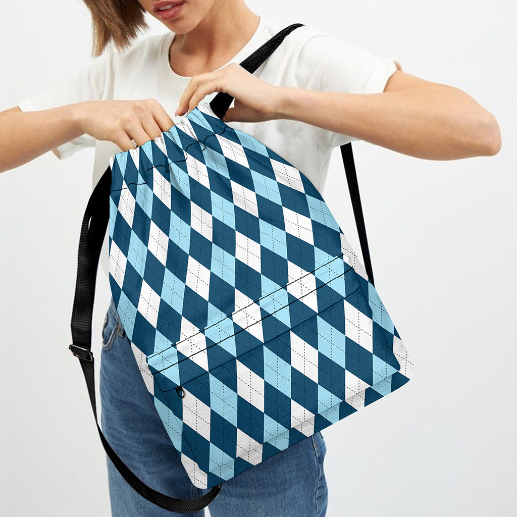Soft Blue Argyle Pattern Print Drawstring Backpack