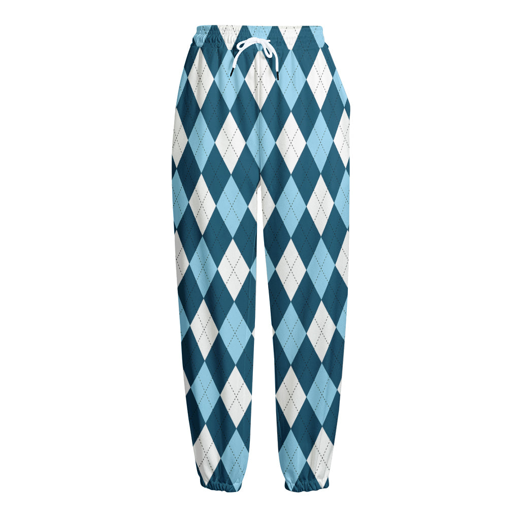 Soft Blue Argyle Pattern Print Fleece Lined Knit Pants