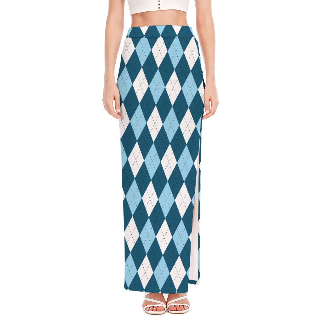 Soft Blue Argyle Pattern Print High Slit Maxi Skirt