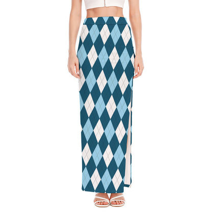 Soft Blue Argyle Pattern Print High Slit Maxi Skirt