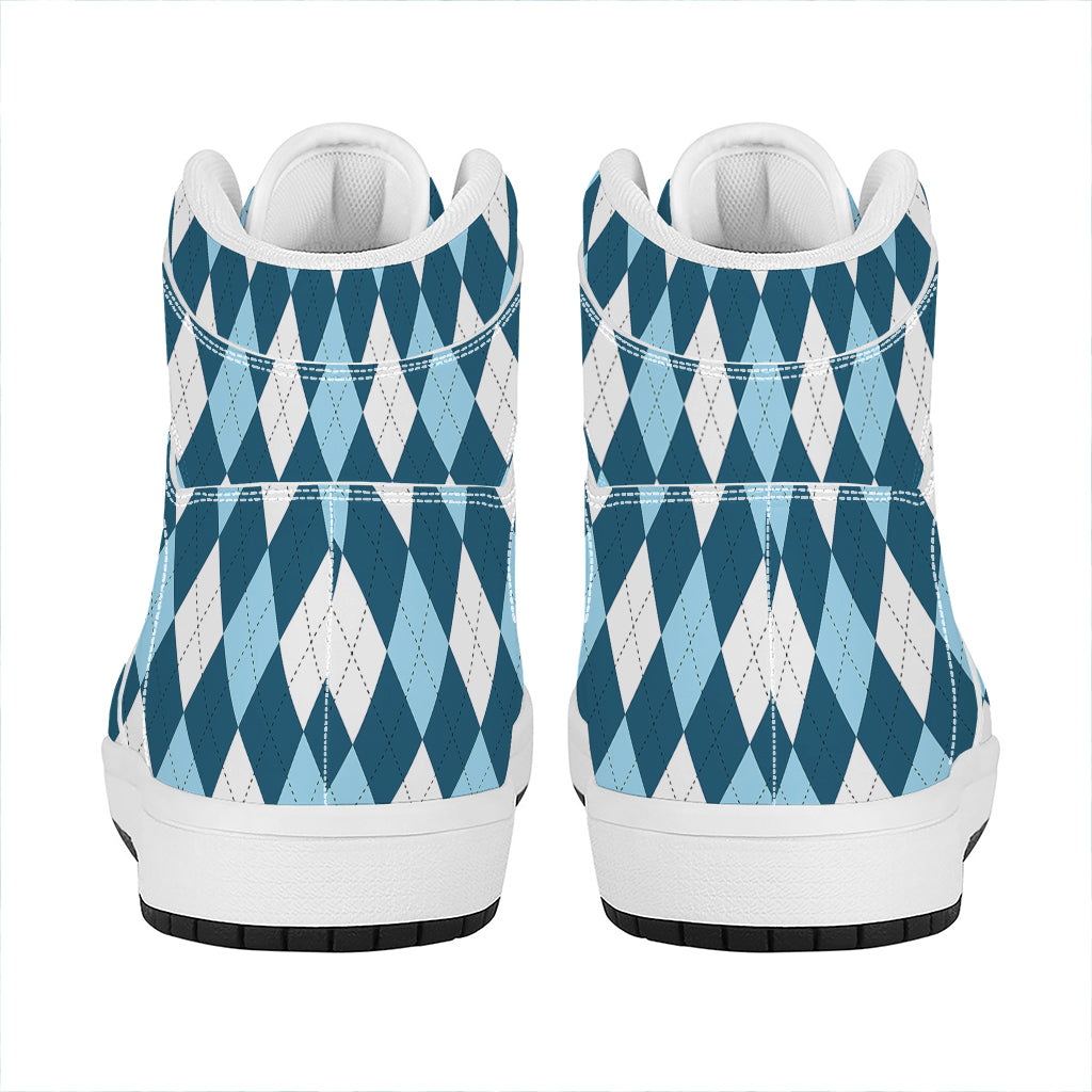 Soft Blue Argyle Pattern Print High Top Leather Sneakers