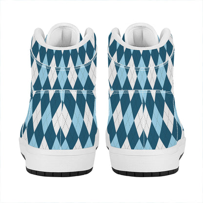 Soft Blue Argyle Pattern Print High Top Leather Sneakers