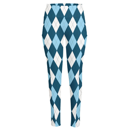 Soft Blue Argyle Pattern Print High-Waisted Pocket Leggings