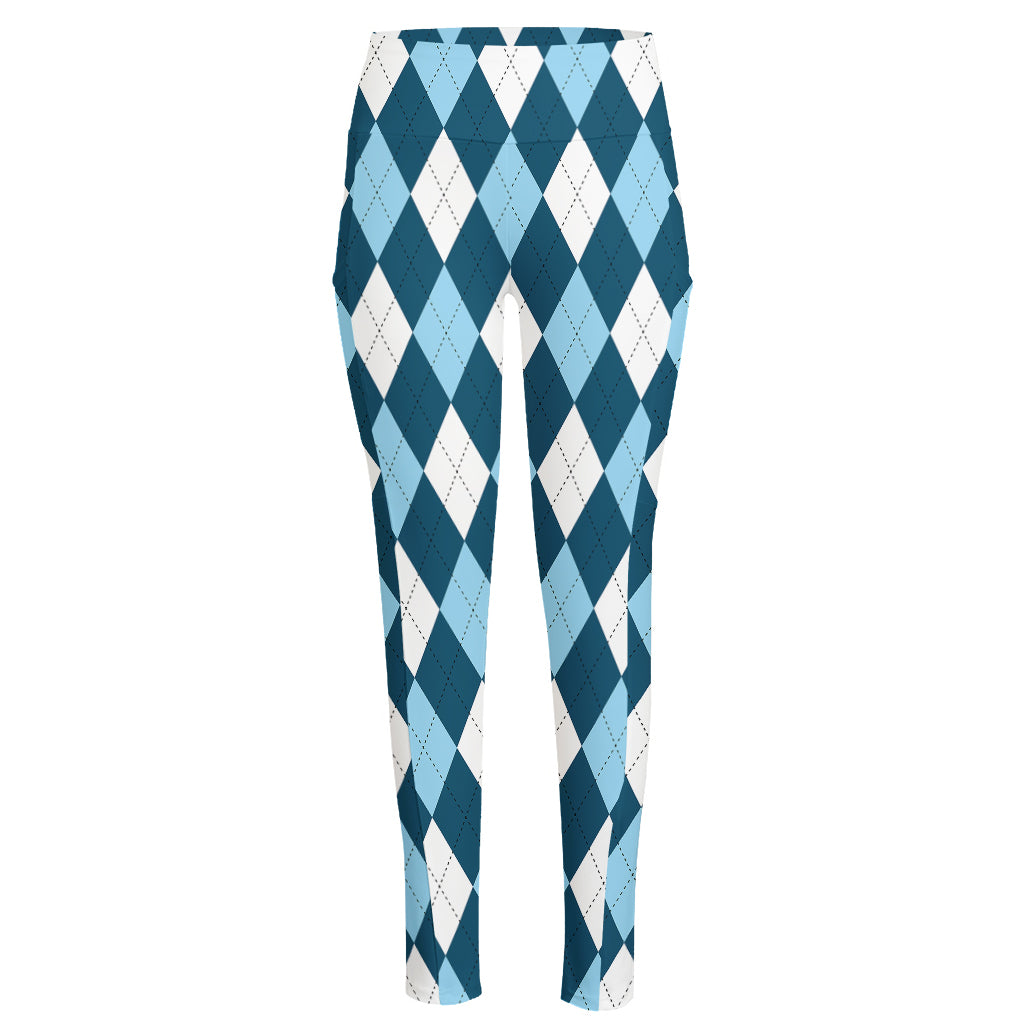 Soft Blue Argyle Pattern Print High-Waisted Pocket Leggings