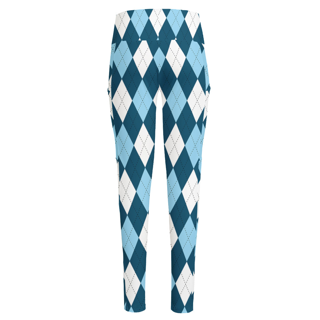 Soft Blue Argyle Pattern Print High-Waisted Pocket Leggings