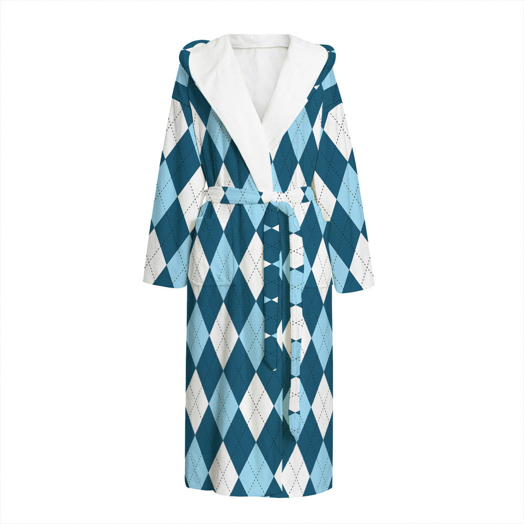 Soft Blue Argyle Pattern Print Hooded Bathrobe