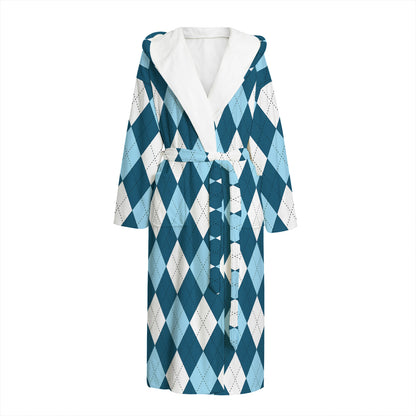 Soft Blue Argyle Pattern Print Hooded Bathrobe