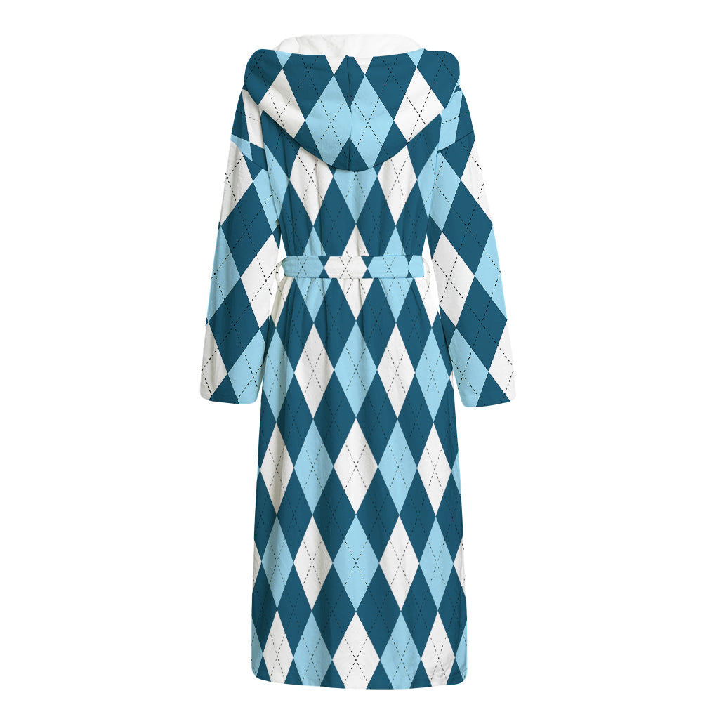 Soft Blue Argyle Pattern Print Hooded Bathrobe