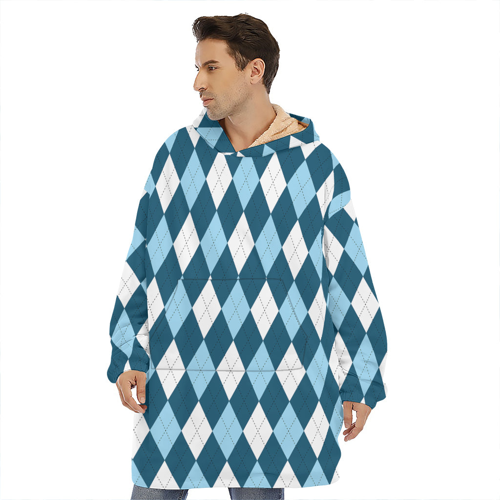 Soft Blue Argyle Pattern Print Hoodie Blanket