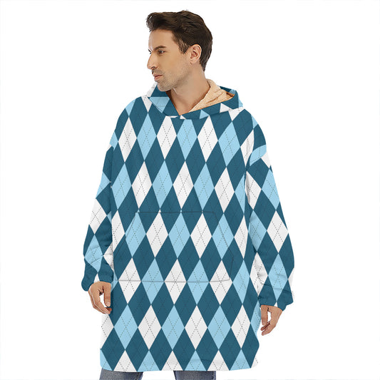 Soft Blue Argyle Pattern Print Hoodie Blanket