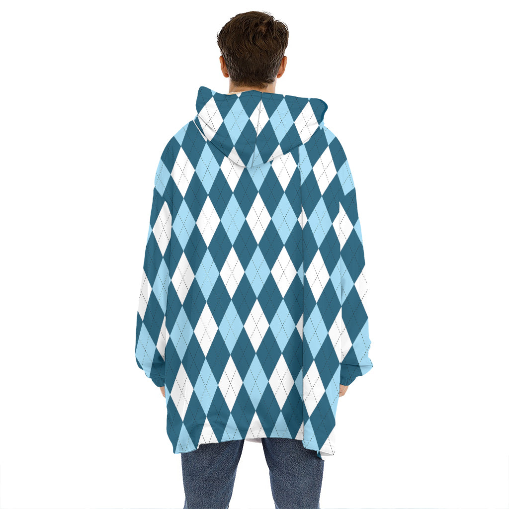 Soft Blue Argyle Pattern Print Hoodie Blanket