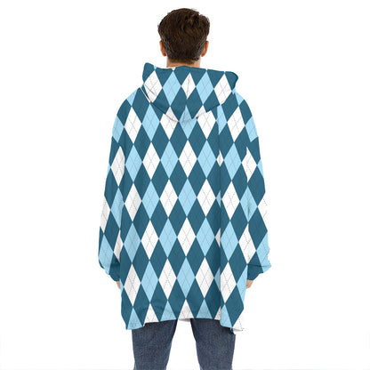 Soft Blue Argyle Pattern Print Hoodie Blanket