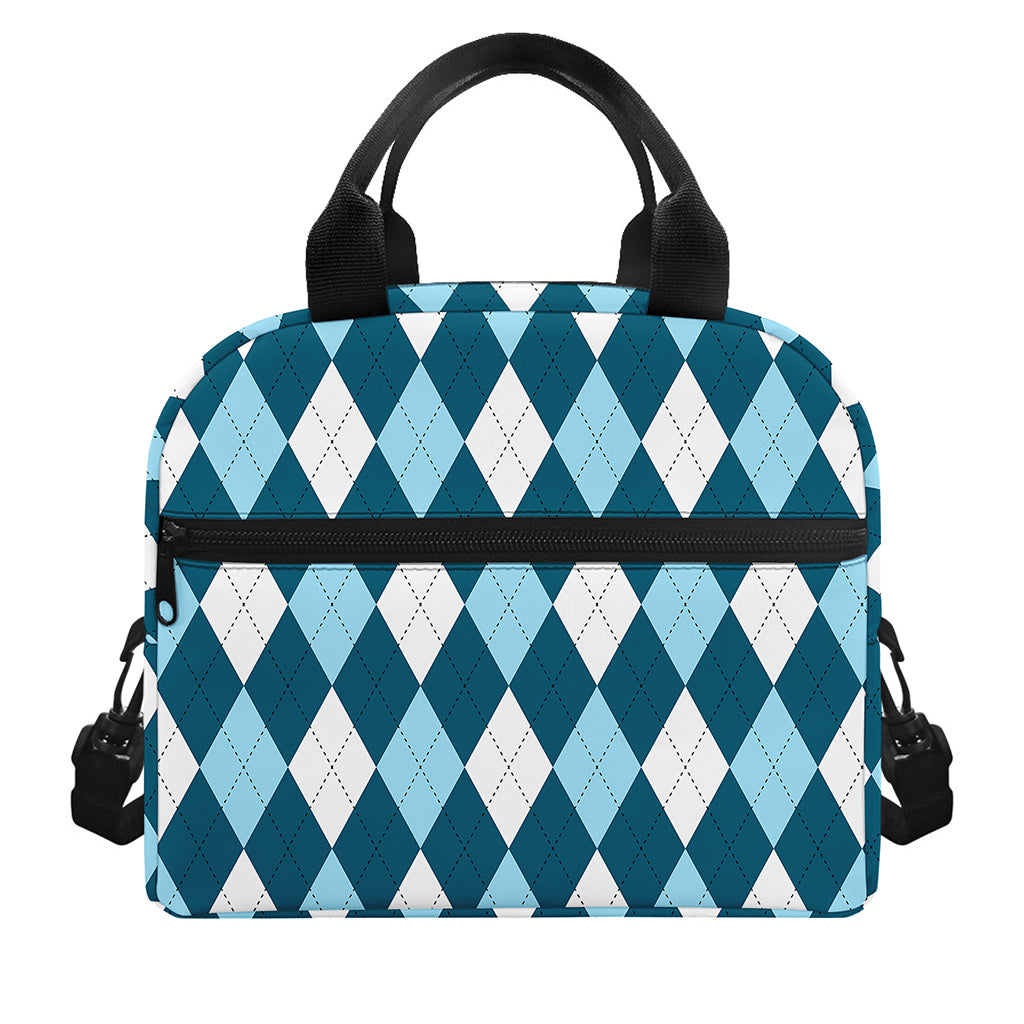 Soft Blue Argyle Pattern Print Insulated Lunch Bag