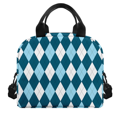 Soft Blue Argyle Pattern Print Insulated Lunch Bag