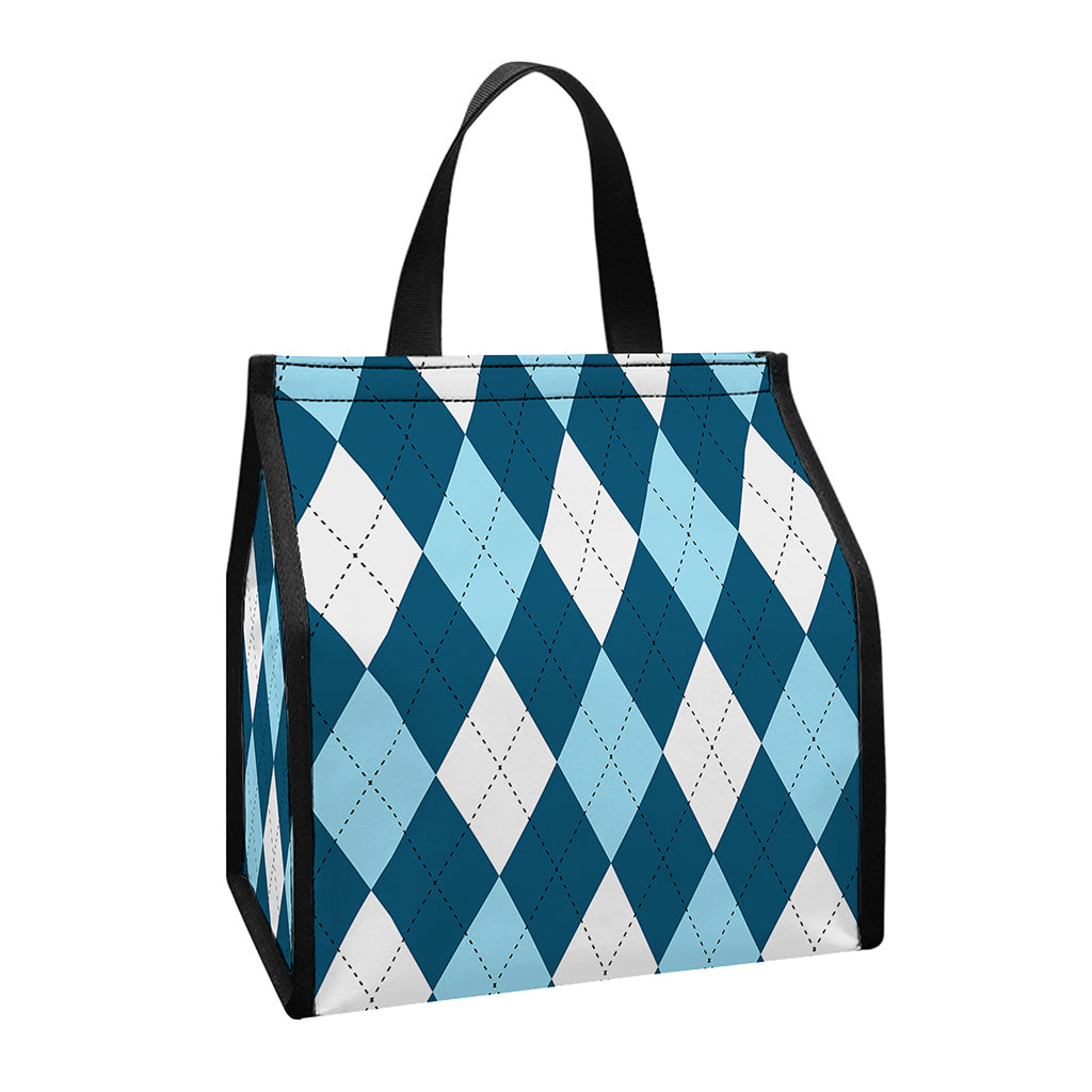 Soft Blue Argyle Pattern Print Insulated Lunch Tote