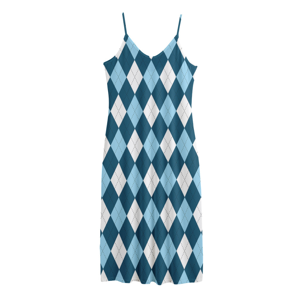 Soft Blue Argyle Pattern Print Jersey Midi Cami Dress