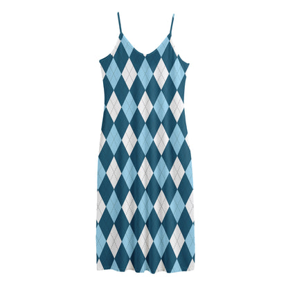 Soft Blue Argyle Pattern Print Jersey Midi Cami Dress