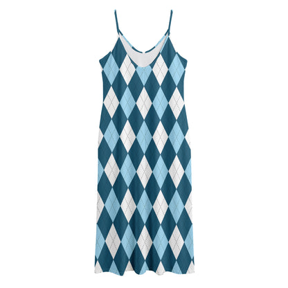Soft Blue Argyle Pattern Print Jersey Midi Cami Dress