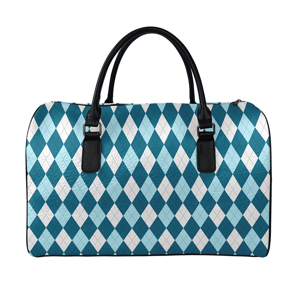 Soft Blue Argyle Pattern Print Leather Duffle Bag