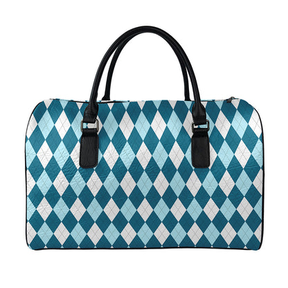 Soft Blue Argyle Pattern Print Leather Duffle Bag