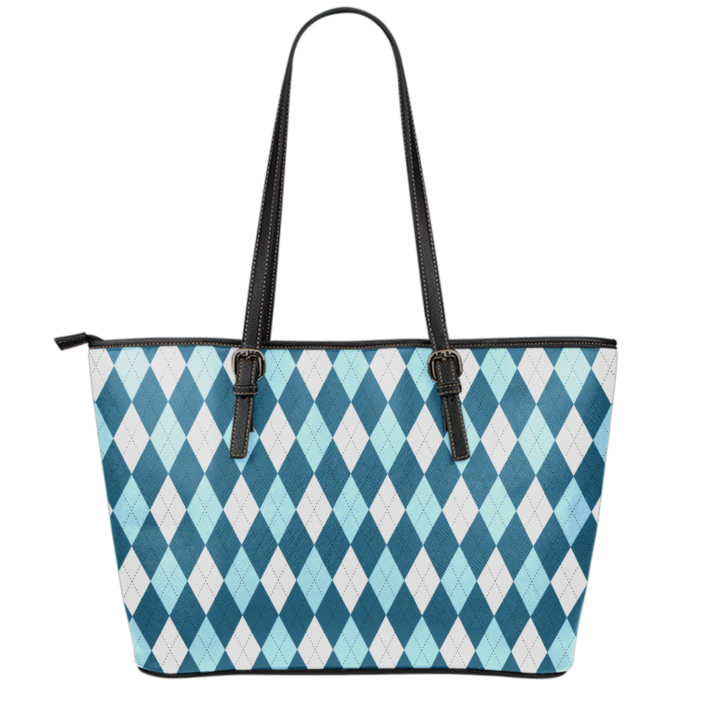 Soft Blue Argyle Pattern Print Leather Tote Bag